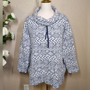 CHAPS Women’s 2X Blue White Cowl Neck Knit Sweater Aztec Geometric Pattern